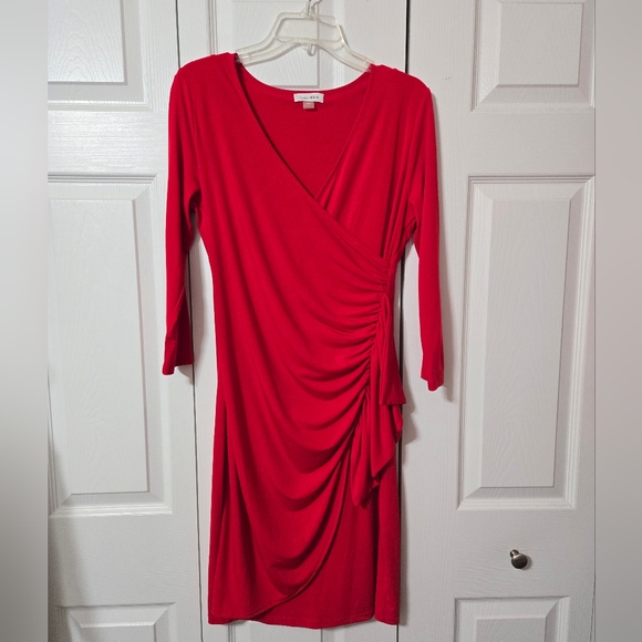 Calvin Klein Red Long Sleeved Dress, Size 8, Ruched At Waist, Faux Wrap, EUC - Picture 5 of 10